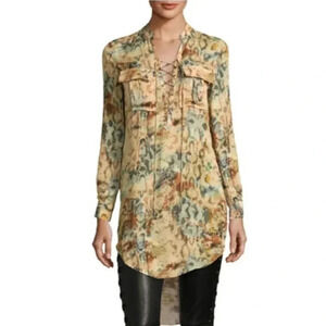 {Haute Hippie} Hellfire Lace-Up Printed High-Low Silk Tunic Blouse
